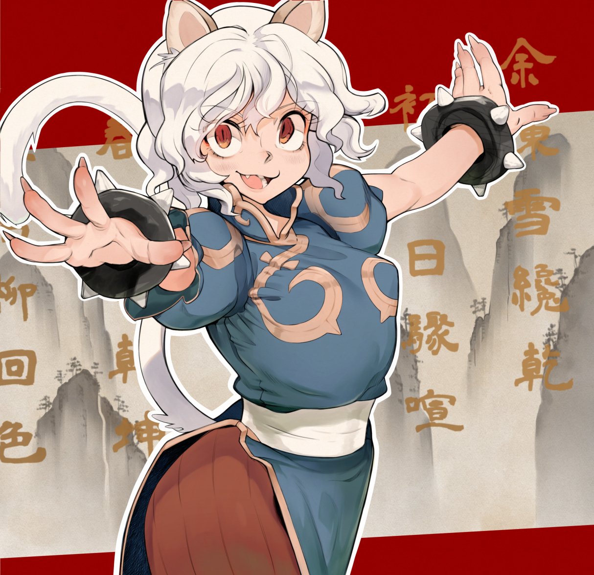 1girl :d aioi_u animal_ears bracelet breasts capcom cat_ears cat_girl cat_tail china_dress chinese_clothes chun-li chun-li_(cosplay) claws cosplay curly_hair dress eyebrows_visible_through_hair fang hunter_x_hunter jewelry looking_at_viewer medium_breasts neferpitou open_hands open_mouth outstretched_arms pantyhose puffy_sleeves red_eyes sash short_hair short_sleeves smile solo spiked_bracelet spikes spread_arms street_fighter tail wavy_hair white_hair