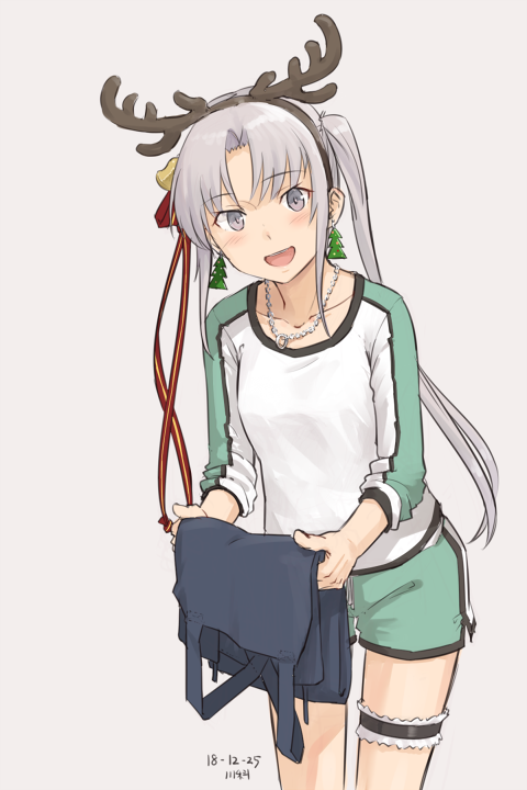 1girl adapted_costume ahoge akitsushima_(kantai_collection) antlers aqua_shorts christmas_tree_earrings collarbone cowboy_shot dated earrings folded_clothes grey_hair jewelry kantai_collection kawashina_(momen_silicon) long_hair looking_at_viewer necklace reindeer_antlers shorts side_ponytail sidelocks silver_hair simple_background solo thigh_strap two-tone_shirt white_background