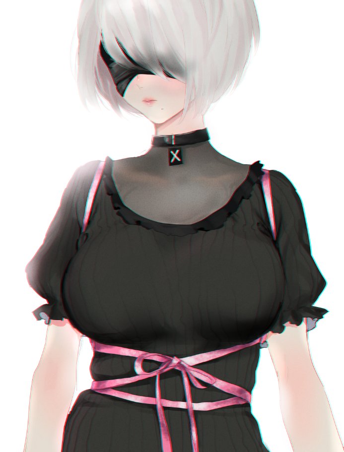 1girl arms_at_sides black_blindfold black_shirt black_shorts blindfold breasts chromatic_aberration closed_mouth commentary_request facing_viewer grey_hair jewelry medium_breasts mellow_rag mole mole_under_mouth nier_(series) nier_automata pendant pink_lips pink_ribbon puffy_short_sleeves puffy_sleeves ribbon shirt short_hair short_sleeves shorts simple_background solo underbust white_background yorha_no._2_type_b