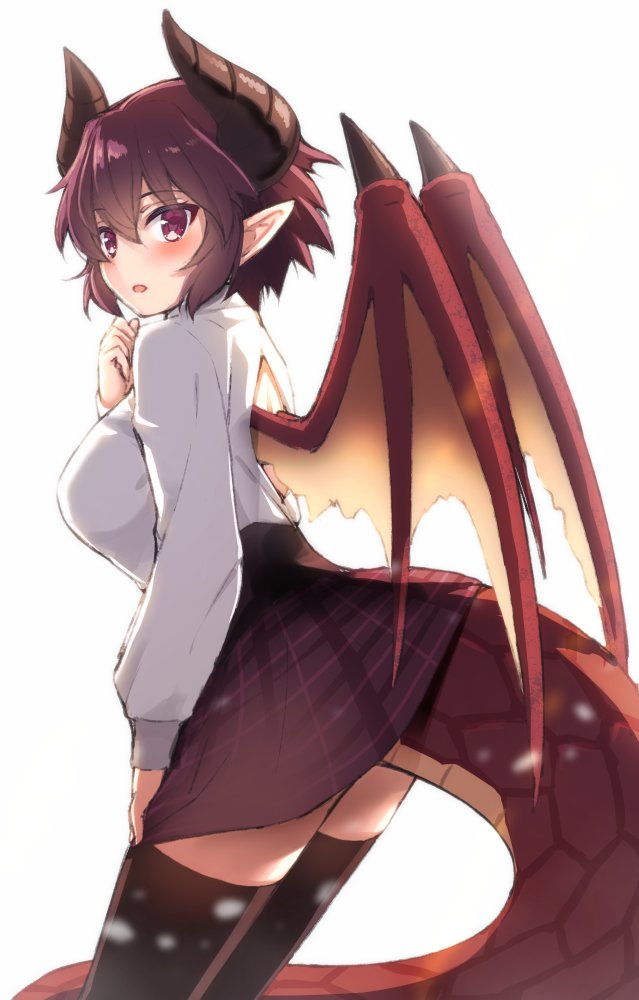 1girl bangs black_legwear blush brown_eyes brown_hair brown_skirt brown_wings curled_horns dragon_girl dragon_horns dragon_tail dragon_wings eyebrows_visible_through_hair granblue_fantasy grea_(shingeki_no_bahamut) grey_background hair_between_eyes horns long_sleeves looking_at_viewer looking_back manaria_friends open_mouth osa_(osaosa) plaid plaid_skirt pleated_skirt pointy_ears shingeki_no_bahamut shirt simple_background skirt solo tail thigh-highs white_background white_shirt wings