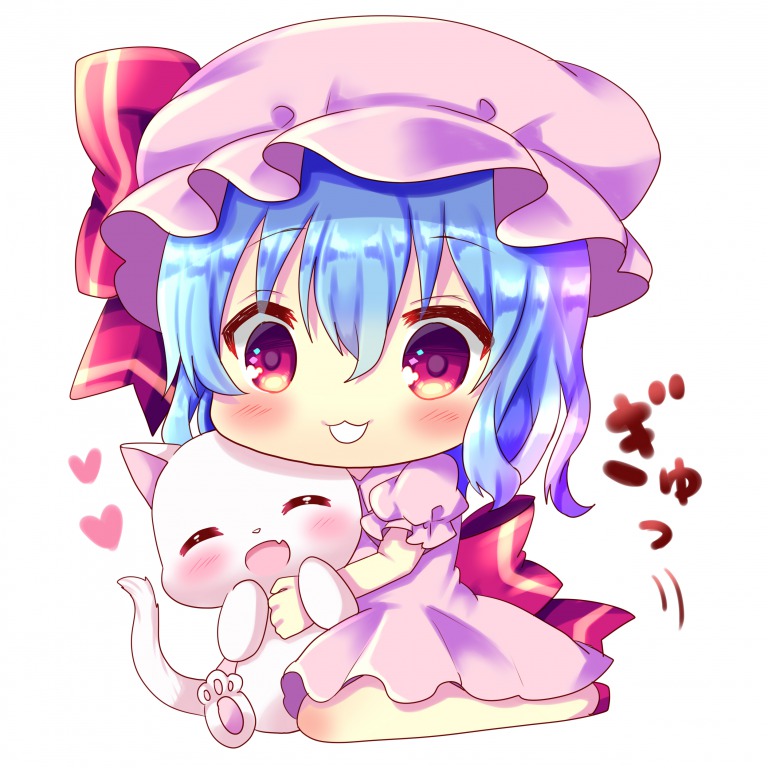 1girl :d ^_^ animal back_bow bangs blue_hair blush bow cat chibi chocolat_(momoiro_piano) closed_eyes closed_eyes commentary_request dress eyebrows_visible_through_hair fang full_body hair_between_eyes hat hat_bow heart long_hair mob_cap open_mouth pink_dress pink_hat puffy_short_sleeves puffy_sleeves red_bow red_eyes red_footwear remilia_scarlet short_sleeves smile solo touhou