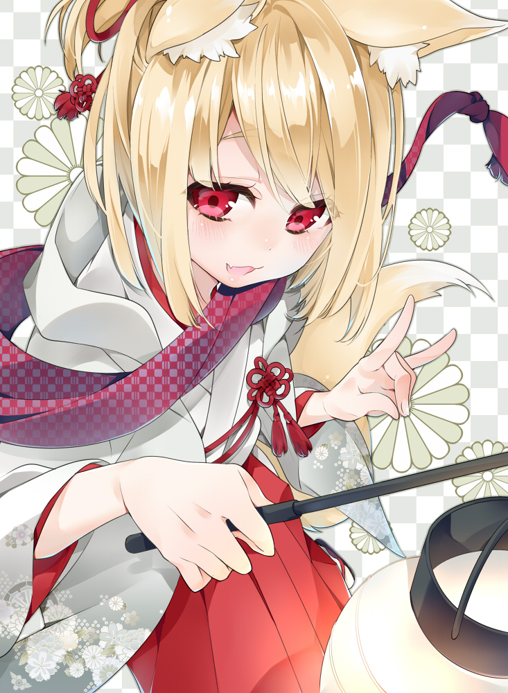 1boy :3 \m/ animal_ears blonde_hair fang fox_boy fox_ears japanese_clothes long_hair looking_at_viewer male_focus nemui_lazurite open_mouth original red_eyes smile solo