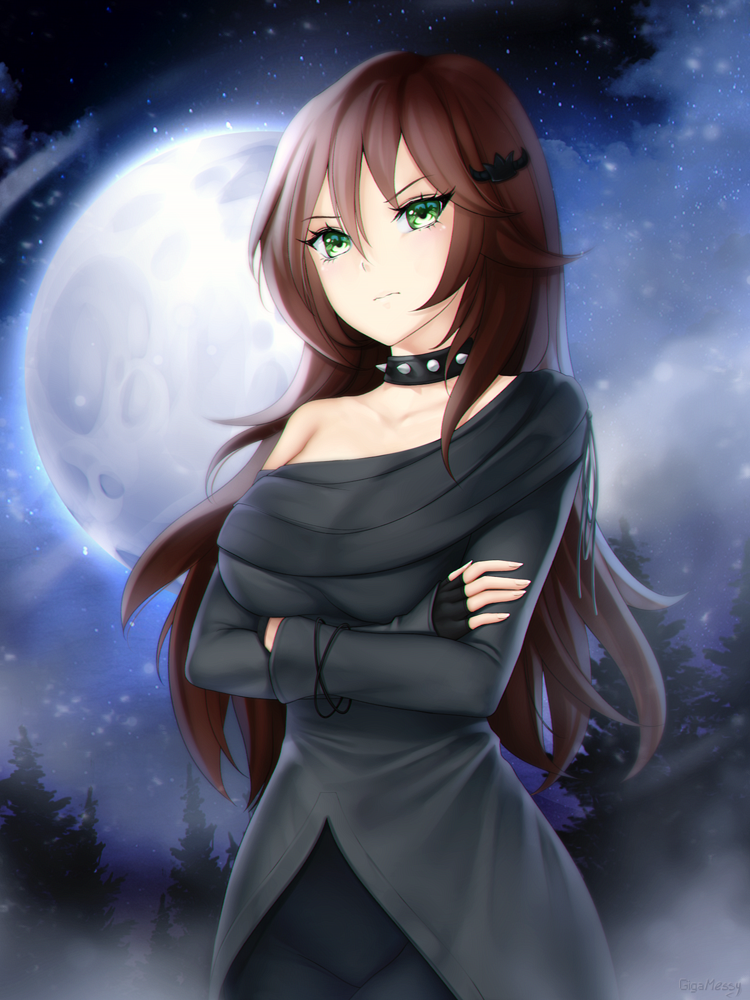 1girl bangs breasts brown_hair chloe_o'bell collar cowboy_shot crossed_arms eyebrows_visible_through_hair fingernails gigamessy green_eyes long_sleeves moon night short_hair tensei_shitara_slime_datta_ken