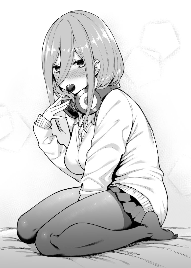 1girl bangs between_legs blush breasts cardigan fingernails food_in_mouth full_body go-toubun_no_hanayome greyscale hair_between_eyes hand_between_legs headphones headphones_around_neck legs long_sleeves looking_at_viewer medium_breasts medium_hair monochrome mushi024 nakano_miku pantyhose seiza sitting skirt thighs