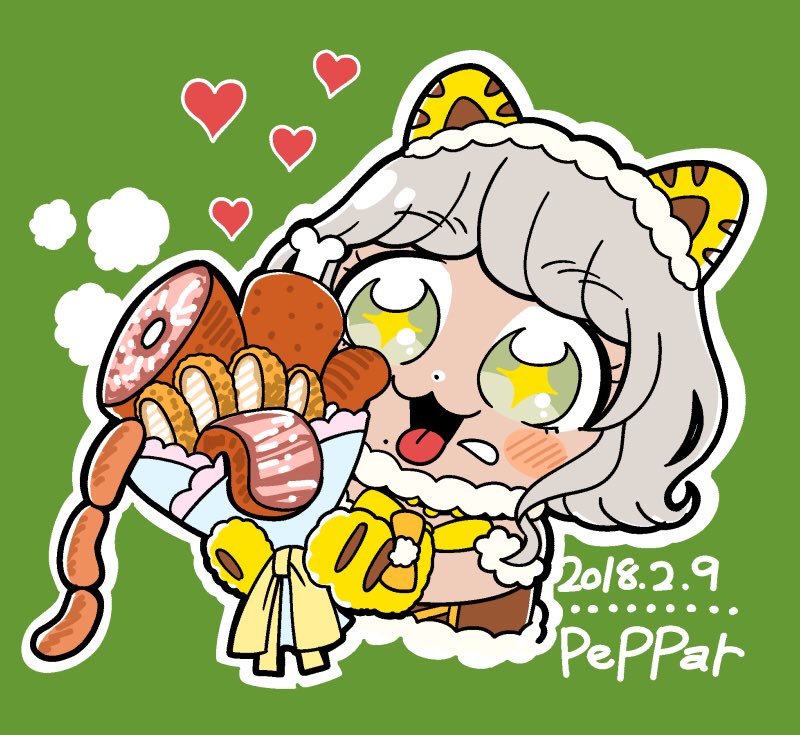 +_+ 1girl :3 animal_ears bkub blush blush_stickers bouquet bow character_name commentary_request dated dot_nose eyebrows_visible_through_hair flower food fur_trim green_background green_eyes grey_hair heart holding holding_bouquet lion_ears lion_paw meat mole mole_under_mouth outline paws pripara saliva sausage short_hair simple_background solo steam taiyou_pepper tongue tongue_out upper_body white_outline yellow_neckwear