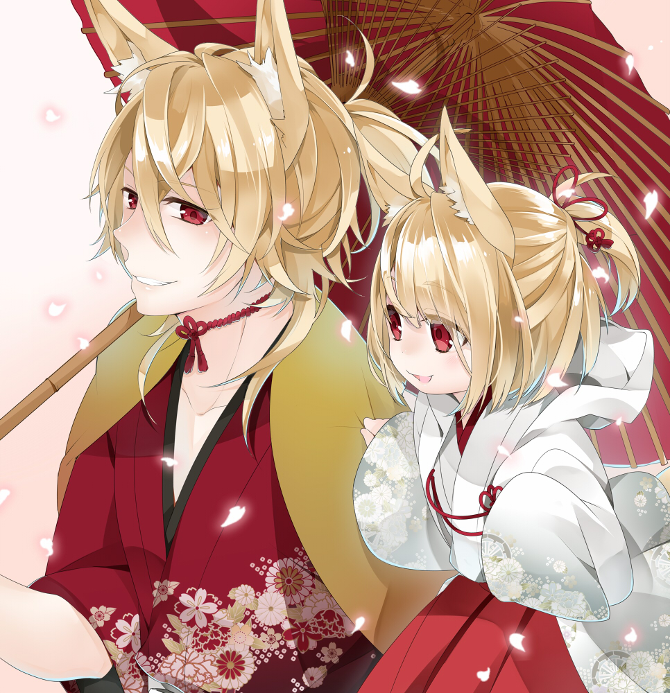 2boys ahoge animal_ears blonde_hair bow brothers cherry_blossoms flower fox_boy fox_ears hair_bow holding holding_umbrella japanese_clothes long_hair looking_at_another male_focus multiple_boys nemui_lazurite open_mouth oriental_umbrella original petals ponytail red_eyes siblings smile umbrella