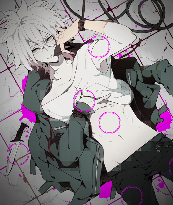 1boy black_legwear blood collarbone commentary_request dangan_ronpa green_eyes green_jacket grey_nails hair_between_eyes ikanatsu jacket knive komaeda_nagito lying male_focus nail_polish navel on_back on_ground pants pink_blood restrained shirt shirt_lift sleeveless sleeveless_shirt solo stitched stitches super_dangan_ronpa_2 third-party_edit white_hair white_shirt