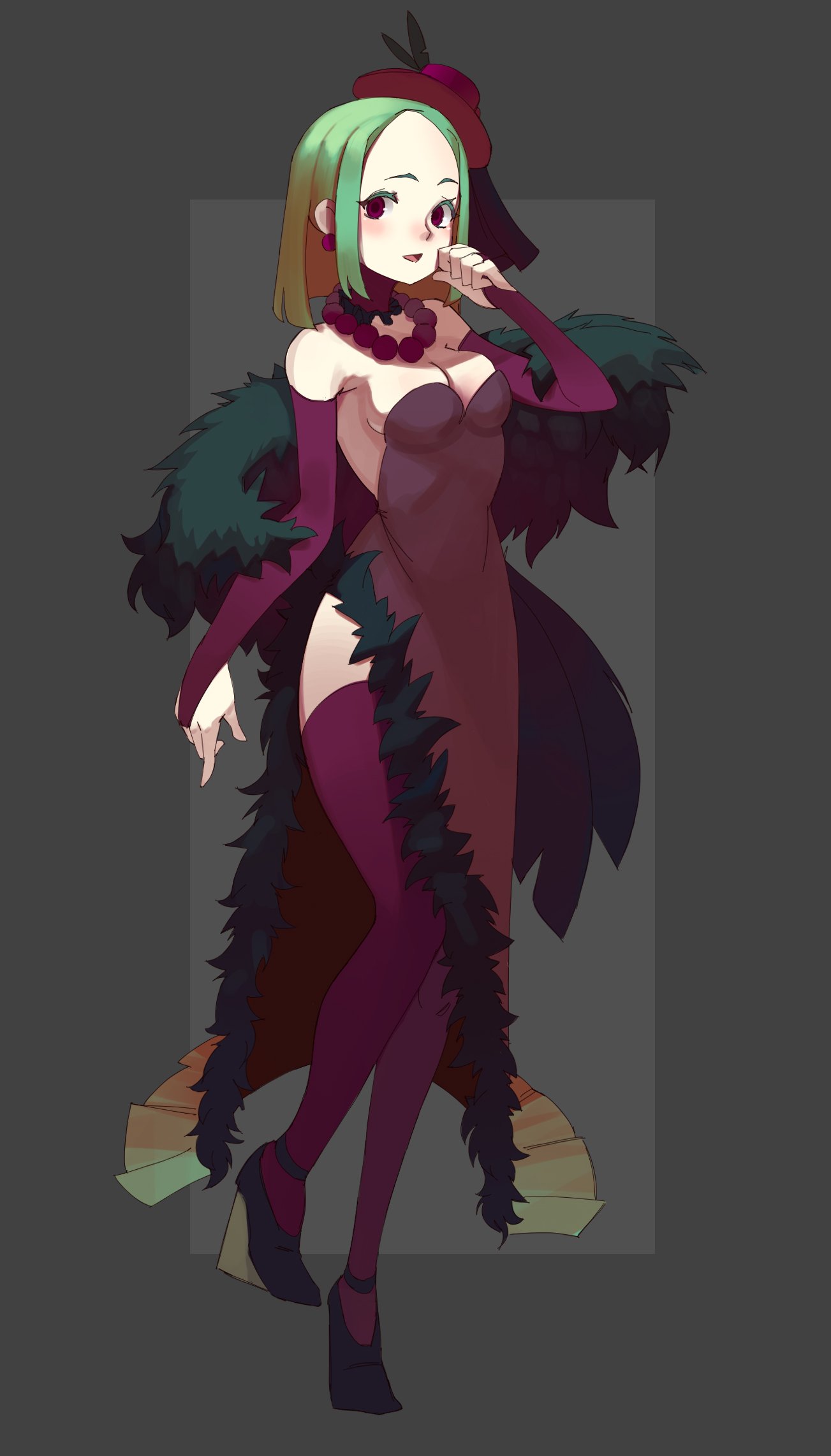 1girl black_footwear blush breasts bridal_gauntlets character_request cleavage feather_trim full_body green_hair hand_up hat high_heels highres jewelry necklace one_step_from_eden open_mouth purple_earrings purple_hat purple_legwear sideboob smile solo standing thigh-highs topdylan violet_eyes