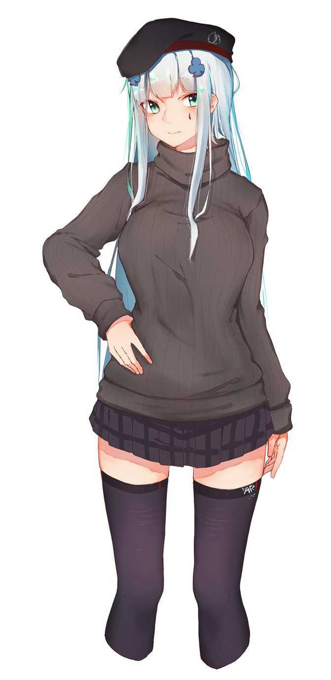 1girl bangs beret black_hat black_legwear black_skirt blue_hair blush brown_sweater casual closed_mouth commentary cropped_legs eyebrows_visible_through_hair facial_mark girls_frontline green_eyes hair_ornament hand_on_hip hat highres hk416_(girls_frontline) inniyik long_hair long_sleeves plaid plaid_skirt pleated_skirt ribbed_sweater simple_background skirt sleeves_past_wrists solo sweater thigh-highs turtleneck turtleneck_sweater very_long_hair white_background