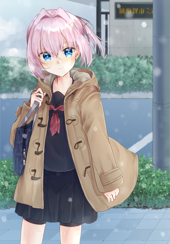 1girl alternate_costume arm_at_side bag bangs bike_shorts black_serafuku black_shorts black_skirt blue_eyes blurry blush brown_coat coat commentary_request depth_of_field duffel_coat eyebrows_visible_through_hair hair_between_eyes hair_intakes hair_ribbon hood hood_down kantai_collection long_sleeves looking_at_viewer neckerchief open_clothes open_coat outdoors pavement pink_hair pleated_skirt ponytail red_neckwear remodel_(kantai_collection) ribbon road school_bag school_uniform serafuku shiranui_(kantai_collection) shorts shorts_under_skirt shoulder_bag skirt smile snowing solo standing u_yuz_xx white_ribbon