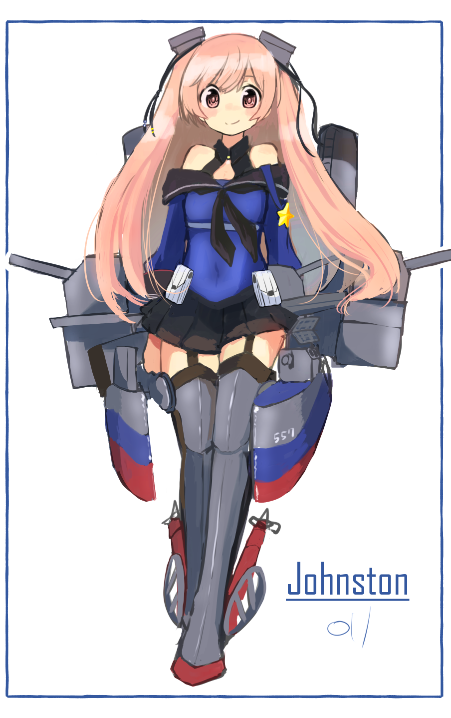 1girl adapted_turret artist_logo black_legwear black_skirt blue_shirt cannon character_name full_body garter_straps highres johnston_(kantai_collection) kantai_collection light_brown_hair long_hair looking_at_viewer ma_rukan machinery off_shoulder pleated_skirt red_eyes sailor_collar school_uniform serafuku shin_guards shirt simple_background skirt smokestack solo thigh-highs turret two_side_up us_medal_of_honor white_background