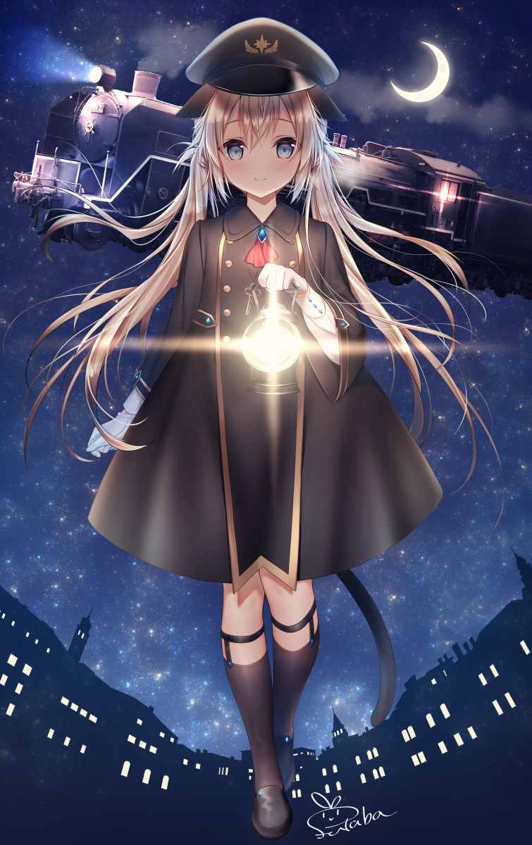 1girl animal_ears ascot black_dress black_footwear black_hat black_legwear blue_eyes blush brooch buttons cat_ears cat_girl cat_tail closed_mouth collared_dress commentary_request crescent_moon diffraction_spikes dress emblem floating_hair full_body futaba_miwa gloves ground_vehicle hat highres holding holding_lamp jewelry kneehighs lamp light locomotive long_hair long_sleeves looking_at_viewer moon original peaked_cap red_neckwear shoes signature silver_hair sky smile smoke solo standing star_(sky) starry_sky steam_locomotive tail train undershirt very_long_hair white_gloves