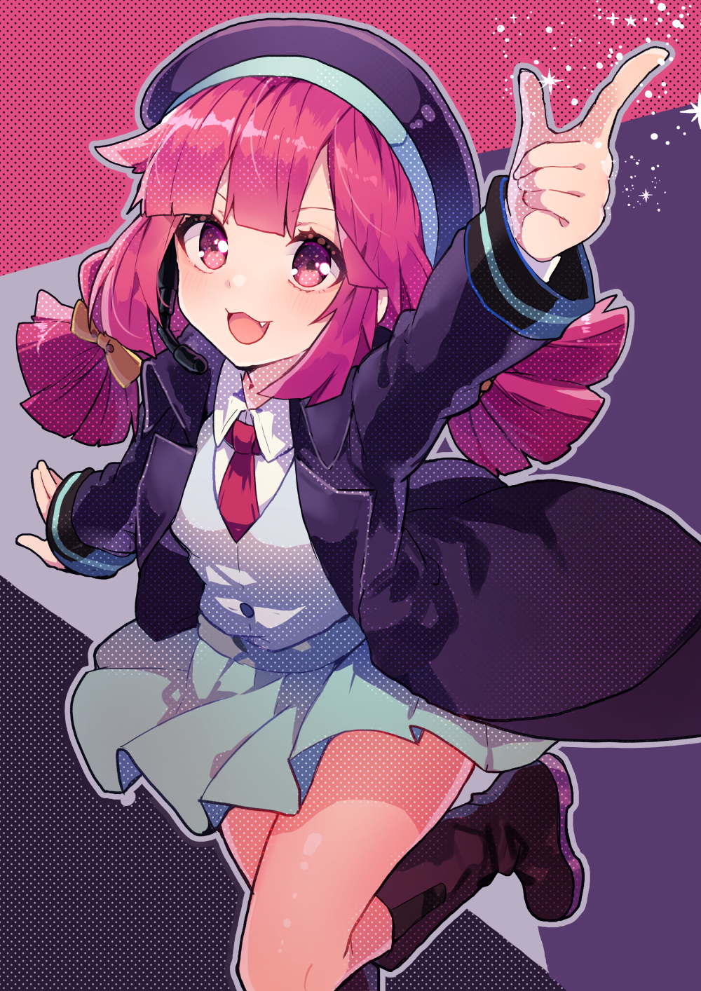 1girl :3 :d arm_up bangs beret black_coat black_footwear black_hat blue_skirt blush boots bow burou_(muse_dash) coat collared_shirt fang finger_gun floating_hair glint hair_bow hat highres ikeuchi_tanuma knee_boots leg_up long_coat long_hair long_sleeves looking_at_viewer microphone miniskirt muse_dash necktie open_clothes open_coat open_mouth pink_eyes pink_hair red_neckwear shirt shirt_tucked_in sidelocks skirt smile solo twintails undershirt v-shaped_eyebrows white_shirt wing_collar yellow_bow