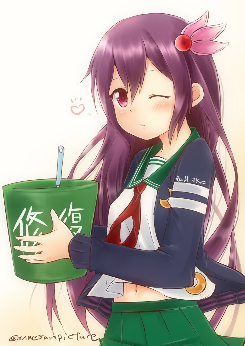 1girl artist_name bangs blue_jacket blush bucket commentary_request crescent crescent_moon_pin eyebrows_visible_through_hair gradient gradient_background green_skirt hair_between_eyes hair_ornament heart holding holding_bucket jacket kantai_collection kisaragi_(kantai_collection) long_hair looking_at_viewer mae_(maesanpicture) navel neckerchief one_eye_closed purple_hair red_neckwear remodel_(kantai_collection) school_uniform serafuku simple_background skirt solo swept_bangs very_long_hair violet_eyes white_serafuku