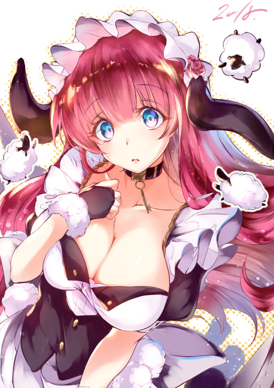 1girl 2018 apron azur_lane bangs black_choker black_dress black_gloves blue_eyes blunt_bangs blush breasts choker cleavage collarbone dress eyebrows_visible_through_hair fingerless_gloves floating_hair frills gloves hair_between_eyes hand_on_own_chest head_tilt highres kanaria_(fuusenkazura) key large_breasts long_hair looking_at_viewer maid maid_headdress parted_lips pink_hair puffy_sleeves sheep short_sleeves simple_background solo suffolk_(azur_lane) waist_apron white_apron white_background