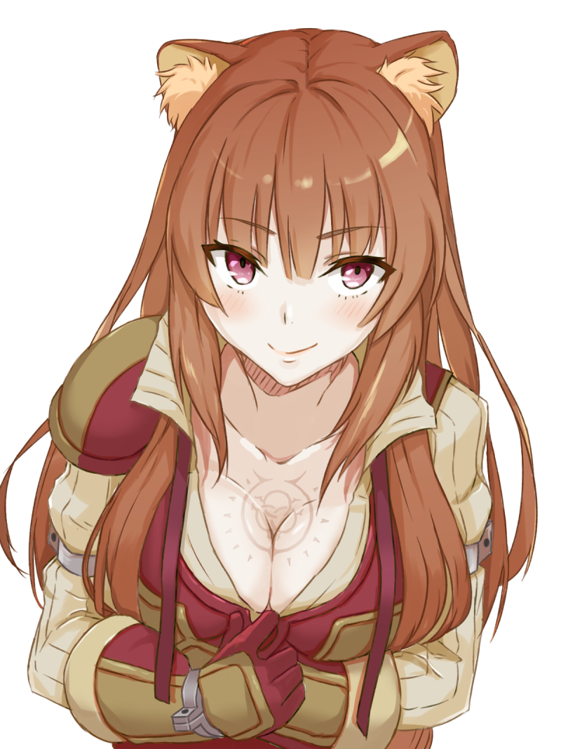 1girl animal_ears bangs blunt_bangs blush breasts brown_hair chest_tattoo cleavage collarbone eyebrows_visible_through_hair large_breasts long_hair looking_at_viewer madamudesu raccoon_ears raccoon_girl raphtalia seductive_smile shirt_pull simple_background slave_tattoo smile solo tate_no_yuusha_no_nariagari tattoo teasing upper_body violet_eyes white_background