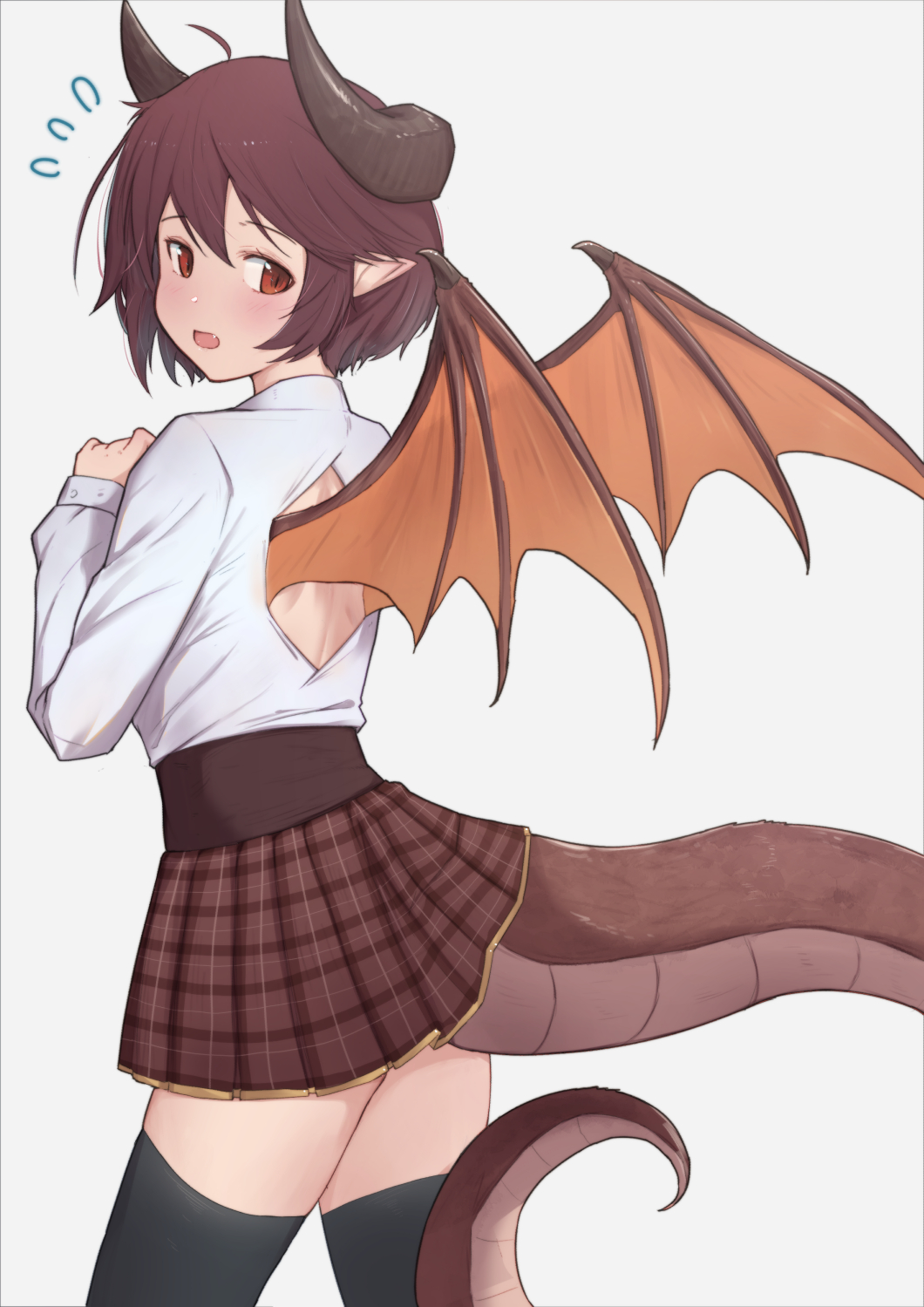 1girl ahoge bangs black_legwear blush brown_eyes brown_hair brown_skirt brown_wings commentary_request curled_horns dragon_girl dragon_horns dragon_tail dragon_wings eyebrows_visible_through_hair fang flying_sweatdrops granblue_fantasy grea_(shingeki_no_bahamut) grey_background hair_between_eyes highres horns long_sleeves looking_at_viewer looking_back manaria_friends open_mouth plaid plaid_skirt pleated_skirt pointy_ears shingeki_no_bahamut shirt simple_background skirt solo tail thigh-highs uneg white_shirt wings