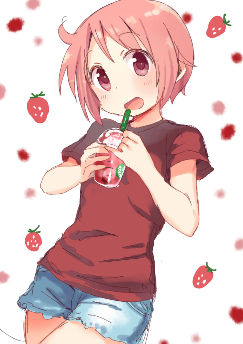 1girl :d bangs blush bob_cut cowboy_shot cup denim denim_shorts disposable_cup drinking_straw eyebrows_visible_through_hair food frappuccino fruit happy head_tilt holding holding_cup looking_at_viewer nonohara_yuzuko open_mouth pink_eyes pink_hair red_shirt shirt short_hair shorts sidelocks simple_background sketch smile solo strawberry t-shirt tatsunokosso white_background yuyushiki