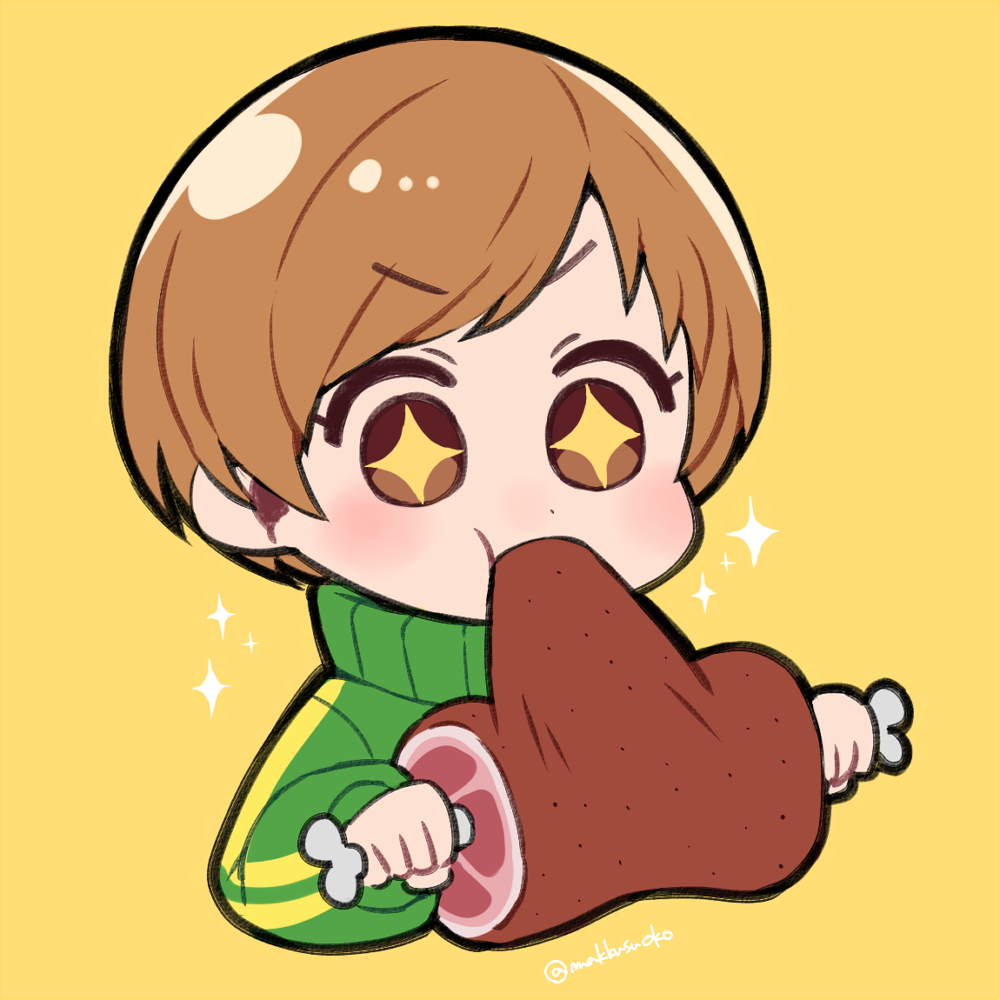 +_+ 1girl blush boned_meat brown_eyes brown_hair chibi commentary_request do_m_kaeru eating eyebrows_visible_through_hair food food_in_mouth full_mouth green green_jacket holding holding_food holding_meat jacket light_brown_hair long_sleeves meat mouthful open_mouth persona persona_4 satonaka_chie short_hair simple_background solo star star-shaped_pupils symbol-shaped_pupils tomboy track_jacket twitter_username