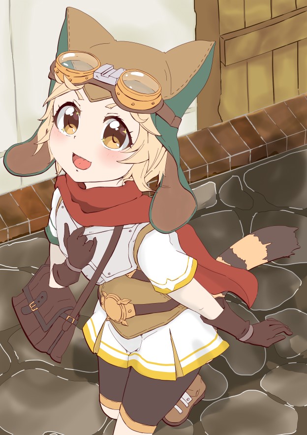 1girl arm_at_side bag belt bike_shorts blonde_hair blush breastplate brown_footwear brown_gloves cat_tail cobblestone commentary_request cygames day from_above gloves goggles goggles_on_head hand_on_own_chest hat hat_with_ears kebakebasan looking_at_viewer looking_up open_mouth orihara_matsuri outdoors princess_connect! princess_connect!_re:dive red_scarf road satchel scarf shirt short_hair short_sleeves solo street tail underbust untucked_shirt walking white_shirt wooden_door yellow_eyes