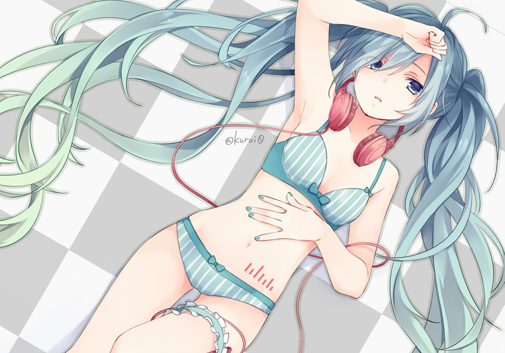 1girl aqua_eyes aqua_hair bikini bow bow_bra bow_panties bra cable checkered checkered_background checkered_floor from_above gradient_hair graphic_equalizer hand_on_forehead hand_on_own_stomach hatsune_miku headphones headphones_around_neck knee_up kuroi_(liar-player) long_hair looking_at_viewer lying multicolored_hair on_back panties ribbon solo stomach_tattoo striped striped_bikini striped_bra striped_panties swimsuit tattoo thigh_ribbon twintails twitter_username underwear very_long_hair vocaloid