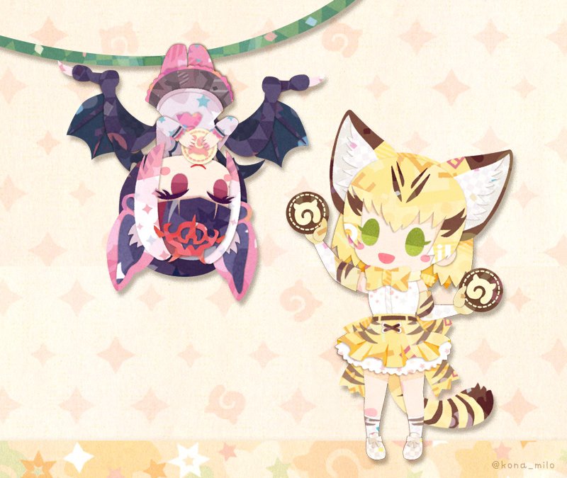 2girls :d animal_ear_fluff animal_ears artist_name bat_ears bat_wings blonde_hair blush_stickers cat_ears cat_tail chibi commentary_request common_vampire_bat_(kemono_friends) extra_ears food green_eyes hanging japari_bun kemono_friends looking_at_another milo multicolored_hair multiple_girls open_mouth pantyhose pink_hair pink_legwear purple_hair sand_cat_(kemono_friends) seiyuu_connection short_hair skirt smile sparkle_background striped_tail tail twitter_username upside-down violet_eyes white_hair wings