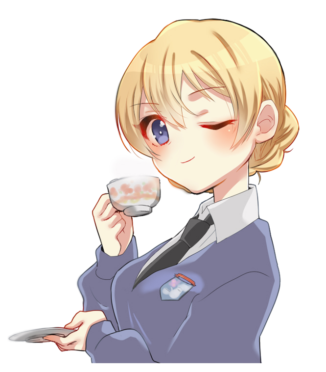 1girl ;d bangs black_neckwear blonde_hair blue_eyes blue_sweater blush braid closed_mouth commentary_request cup darjeeling dress_shirt emblem eyebrows_visible_through_hair girls_und_panzer holding holding_cup holding_saucer kumasawa_(dkdkr) long_sleeves necktie one_eye_closed open_mouth saucer school_uniform shirt short_hair simple_background smile solo st._gloriana's_(emblem) st._gloriana's_school_uniform sweater teacup tied_hair twin_braids v-neck white_background white_shirt wing_collar