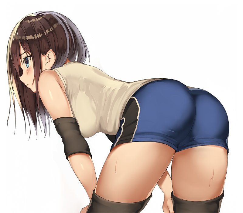 1girl ass bare_shoulders bent_over blue_eyes blue_shorts blush breasts brown_hair brown_legwear closed_mouth commentary_request cowboy_shot elbow_pads grey_shirt hands_on_own_thighs kureha_(ironika) long_hair medium_breasts original profile shirt short_shorts shorts sidelocks simple_background sleeveless sleeveless_shirt solo sportswear sweat thigh-highs thighs volleyball_uniform white_background