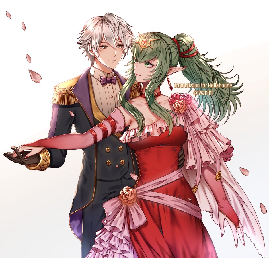 1boy 1girl bare_shoulders blush bracelet breasts cape chiki couple dancing dress elbow_gloves fire_emblem fire_emblem:_kakusei fire_emblem:_mystery_of_the_emblem fire_emblem_heroes formal gloves green_eyes green_hair hair_ornament hair_ribbon hand_holding intelligent_systems jewelry large_breasts long_hair male_my_unit_(fire_emblem:_kakusei) mamkute my_unit_(fire_emblem:_kakusei) nintendo pink_dress pointy_ears ponytail red_dress ribbon robe short_hair simple_background smile suit tiara wani_(fadgrith) white_hair