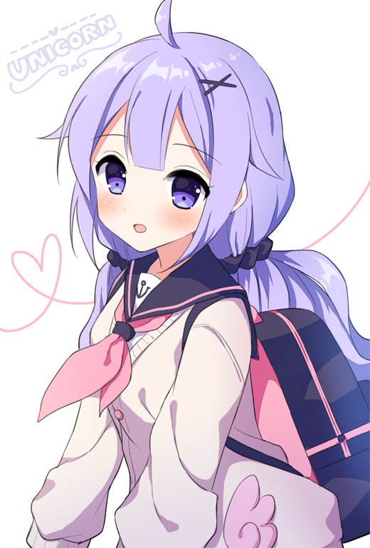 1girl :d anchor_symbol azur_lane backpack bag bangs black_sailor_collar black_scrunchie blush cardigan character_name commentary_request eyebrows_visible_through_hair grey_cardigan hair_flaps hair_ornament hair_scrunchie heart long_hair low_twintails mauve neckerchief open_mouth pink_neckwear purple_hair sailor_collar school_uniform scrunchie serafuku sidelocks simple_background smile solo twintails unicorn_(azur_lane) violet_eyes white_background white_sailor_collar x_hair_ornament