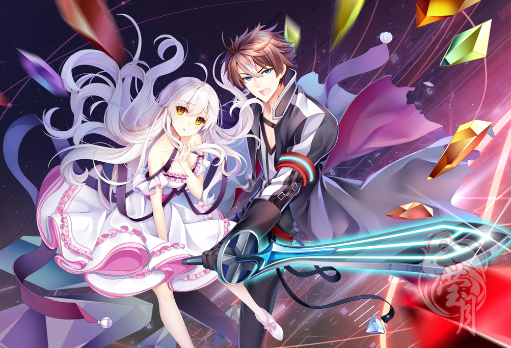 1boy 1girl ahoge between_legs black_gloves black_pants blue_eyes breasts brown_hair dress floating_hair gloves hair_between_eyes hand_between_legs holding holding_sword holding_weapon long_hair looking_at_viewer medium_breasts open_mouth original pants parted_lips silver_hair sleeveless sleeveless_dress spiky_hair sword very_long_hair weapon white_dress yellow_eyes ying_yue