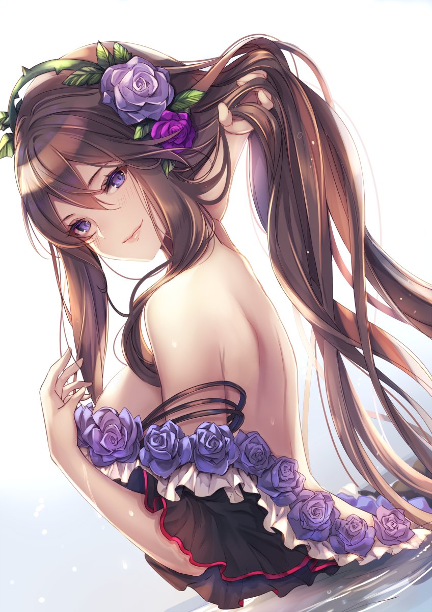 1girl aoi_(kirabosi105) back bangs bare_shoulders blush breasts brown_hair dress flower granblue_fantasy hair_between_eyes hair_flower hair_ornament hairband hand_in_hair hand_up highres jewelry large_breasts long_hair looking_at_viewer off_shoulder purple_flower purple_rose ripples rose rosetta_(granblue_fantasy) shoulder_blades sidelocks smile solo very_long_hair violet_eyes wading