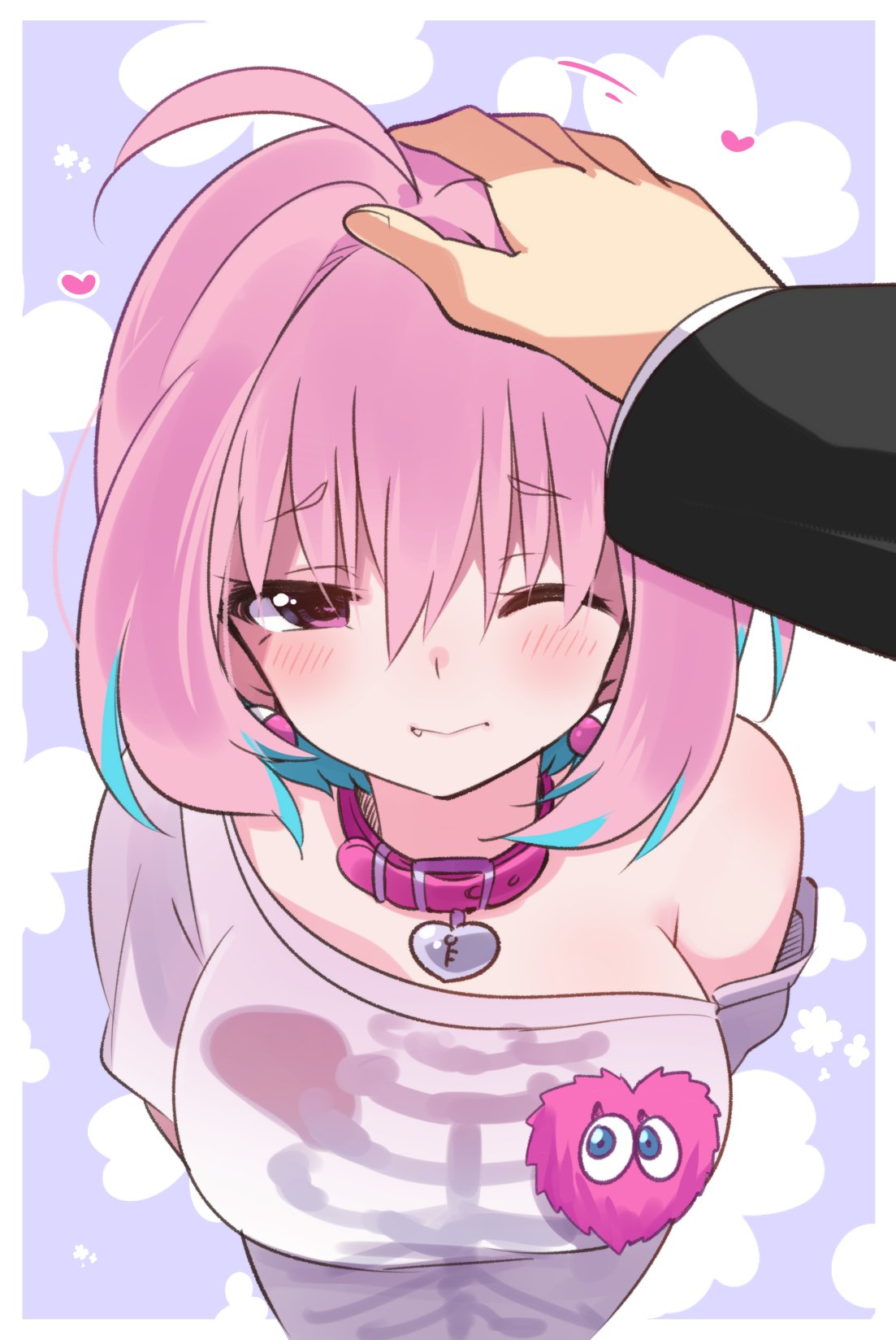 1girl ahoge blush breasts collar collarbone commentary_request fang highres idolmaster idolmaster_cinderella_girls large_breasts one_eye_closed petting pink_eyes pink_hair portrait pov pov_hands shirt short_hair solo solo_focus suzuki_toto yumemi_riamu