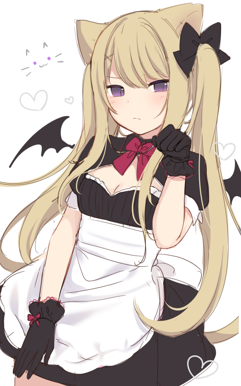 1girl amashiro_natsuki animal_ears apron bangs bat_wings black_bow black_dress black_gloves black_wings blonde_hair blush bow breasts cat_ears cleavage closed_mouth commentary_request dress dutch_angle eyebrows_visible_through_hair gloves hair_between_eyes hair_bow hair_ornament hand_up highres light_brown_hair long_hair mini_wings original puffy_short_sleeves puffy_sleeves short_sleeves simple_background small_breasts solo twintails very_long_hair violet_eyes waist_apron white_apron white_background wings x_hair_ornament