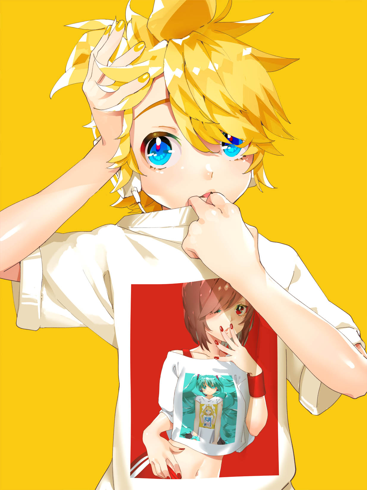 1boy adjusting_collar aqua_hair belt blonde_hair blue_eyes blue_hair bow brown_hair commentary finger_to_mouth hair_bow hair_ornament hairclip hand_on_own_head hands_up hatsune_miku headset highres kagamine_len kagamine_rin kaito long_hair looking_at_viewer megurine_luka meiko recursion sawashi_(ur-sawasi) scarf shirt short_hair smile solo t-shirt upper_body very_long_hair vocaloid yellow_background