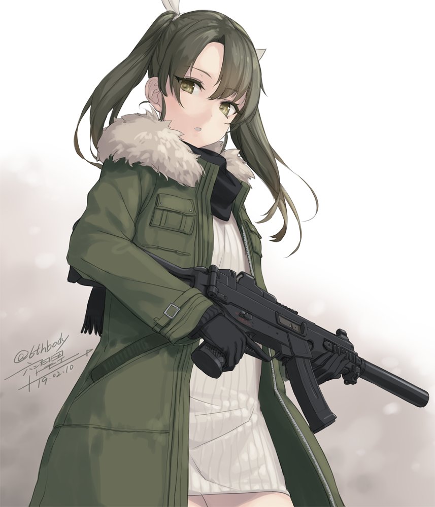 1girl black_gloves black_scarf coat commentary_request dated dress fur_collar gloves green_eyes green_hair gun h&amp;k_ump jacket kantai_collection long_hair looking_at_viewer machine_gun ribbon rokuwata_tomoe scarf signature submachine_gun twintails twitter_username weapon white_dress white_ribbon winter_clothes winter_coat zuikaku_(kantai_collection)