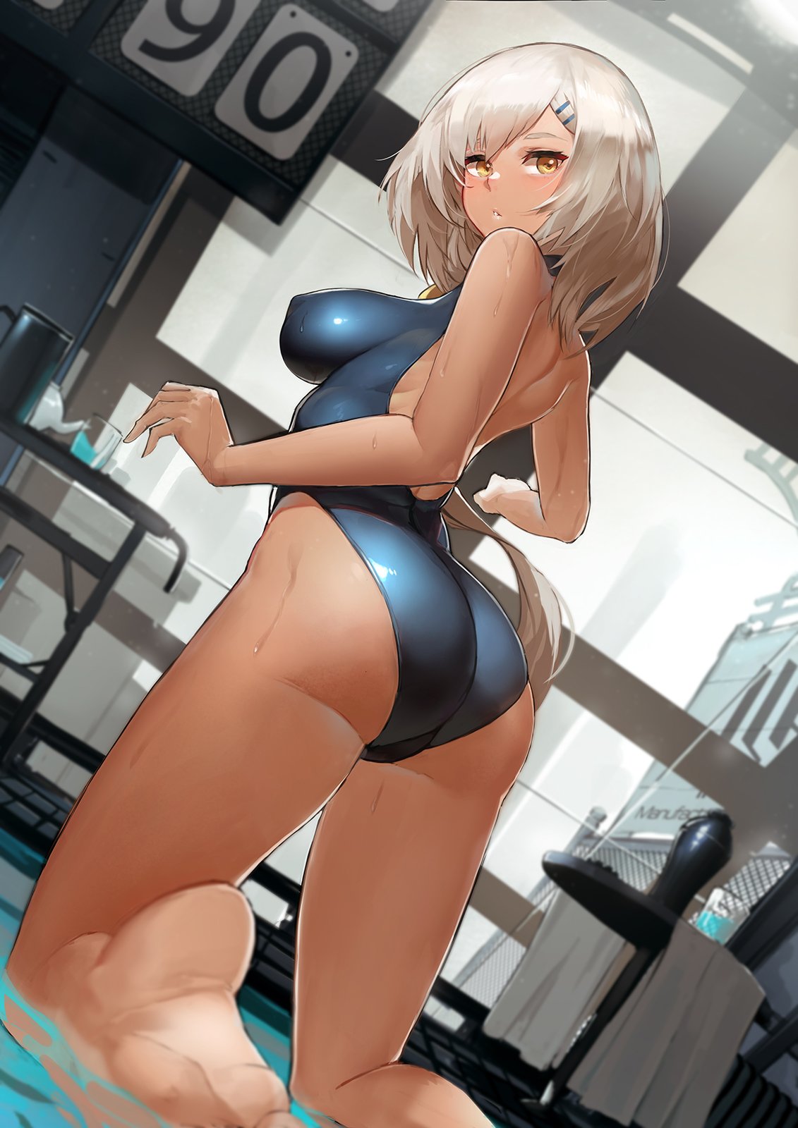 1girl ass bare_legs barefoot blue_swimsuit blurry blurry_background blurry_foreground breasts brown_hair commentary competition_swimsuit covered_nipples depth_of_field dutch_angle foreshortening from_behind girls_frontline hair_ornament hairclip highres impossible_clothes impossible_swimsuit indoors kneeling large_breasts long_hair looking_back mossberg_m590_(girls_frontline) one-piece_swimsuit pandea_work parted_lips solo sunburn swimsuit yellow_eyes