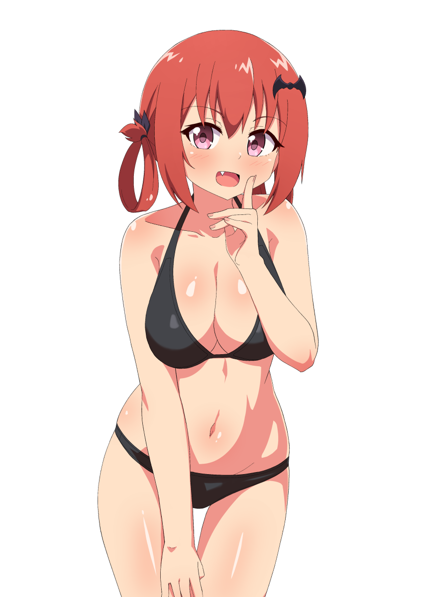 1girl :d bangs bare_arms bare_shoulders bat_hair_ornament bikini black_bikini body_blush breasts cleavage collarbone commentary_request cowboy_shot eyebrows_visible_through_hair fang gabriel_dropout hair_ornament hair_rings hand_up highres index_finger_raised kurumizawa_satanichia_mcdowell large_breasts looking_at_viewer navel nyaroon open_mouth redhead short_hair simple_background skindentation smile solo stomach swimsuit thigh_gap violet_eyes white_background