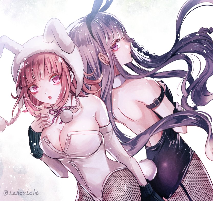 2girls :o @ alternate_costume animal_costume animal_ears arms_under_breasts artist_name bangs bare_shoulders braid breasts bunny_costume bunny_girl bunny_tail bunnysuit cleavage collar dangan_ronpa dangan_ronpa_1 detached_collar detached_sleeves eyebrows_visible_through_hair fake_animal_ears from_behind hair_ornament kirigiri_kyouko large_breasts leotard light_brown_hair long_hair looking_at_viewer looking_back mole mole_on_breast multiple_girls nanami_chiaki open_mouth pantyhose pink_eyes purple_hair rabbit_ears short_hair short_sleeves side_braid single_braid sleeveless super_dangan_ronpa_2 tail violet_eyes white_collar z-epto_(chat-noir86)