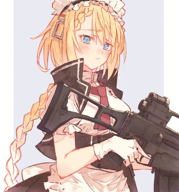 1girl apron assault_rifle bangs blonde_hair blue_background blue_eyes blush braid breasts closed_mouth eyebrows_visible_through_hair g36_(girls_frontline) girls_frontline gloves gun h&amp;k_g36 holding holding_gun holding_weapon long_hair looking_at_viewer maid_headdress nagi_099 red_neckwear rifle simple_background solo upper_body weapon white_gloves