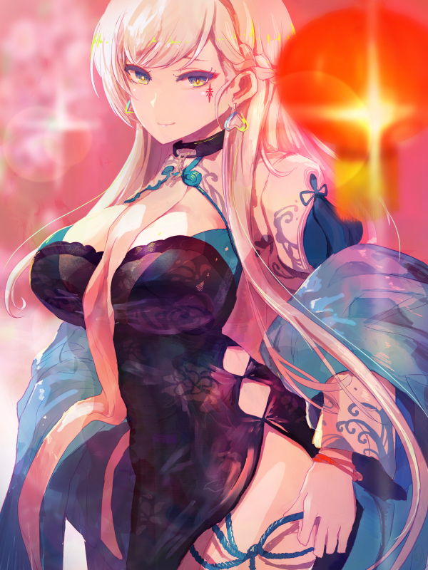 1girl alternate_costume azur_lane bangs belfast_(azur_lane) blue_eyes blue_panties blurry blurry_background blurry_foreground blush braid breasts chains china_dress chinese_clothes chinese_new_year cleavage_cutout closed_mouth collar dress earrings eyebrows_visible_through_hair heart jewelry lantern large_breasts lights long_hair looking_at_viewer minyom panties paper_lantern pelvic_curtain shawl shrug_(clothing) side-tie_panties sidelocks silver_hair smile solo standing thighs underwear untied untied_panties