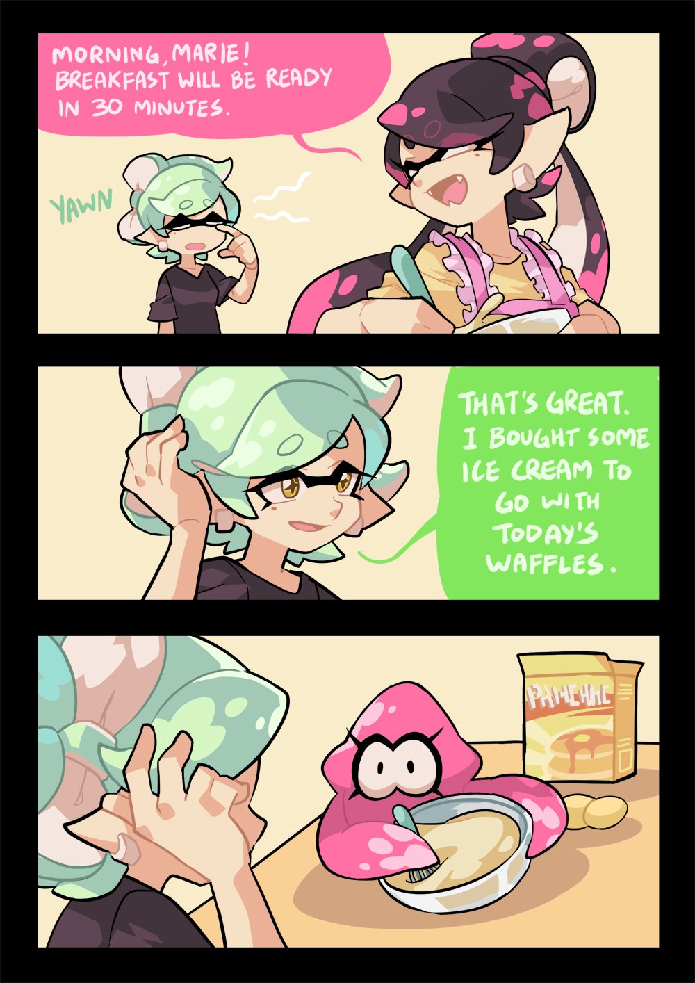 +_+ aori_(splatoon) apron batter casual commentary cousins domino_mask earrings fangs green_hair highres hotaru_(splatoon) jewelry long_hair mask mixing_bowl mole mole_under_eye multicolored_hair open_mouth pancake_mix pink_eyes pink_hair pointy_ears purple_hair short_hair smile splatoon_(series) squid tentacle_hair whisk wong_ying_chee yellow_eyes