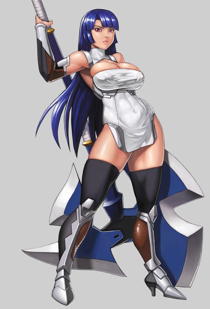 1girl axe bad_anatomy bangs battle_axe black_legwear blue_hair blunt_bangs boots bracer breasts cleavage covered_navel detached_collar full_body grey_background high_heel_boots high_heels holding holding_weapon large_breasts long_hair looking_at_viewer red_eyes shinonome_(game_hakkutsu_tai) solo standing taimanin_(series) taimanin_asagi taimanin_murasaki thigh-highs thighs very_long_hair weapon yatsu_murasaki