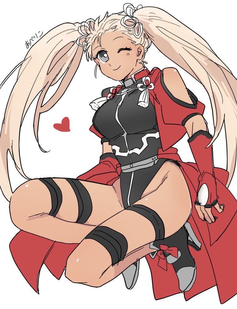 1girl ;) abe_riko archer archer-tan bare_shoulders cropped_jacket dark_skin fate/stay_night fate_(series) genderswap genderswap_(mtf) heart high_heels leotard older one_eye_closed smile thigh_strap twintails