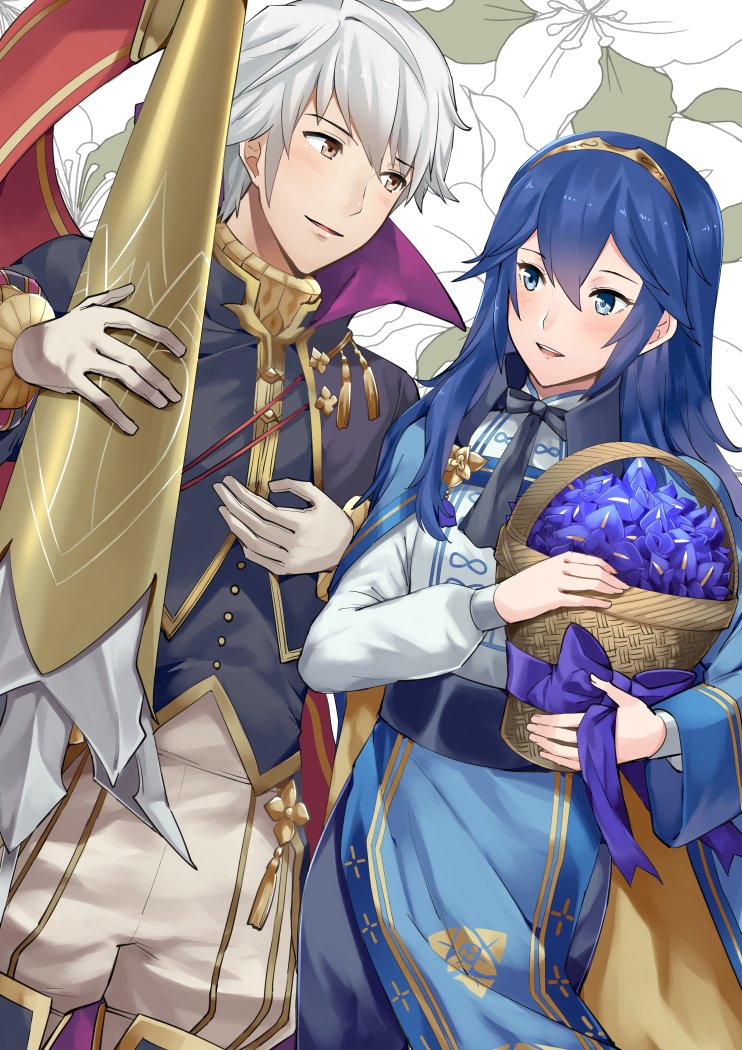 1boy 1girl :d a_meno0 basket black_neckwear blue_bow blue_eyes blue_flower blue_hair blush boots bow brown_eyes dress dutch_angle fire_emblem fire_emblem:_kakusei flower formal gloves grey_pants hair_between_eyes hairband holding holding_basket lavalliere long_hair lucina male_my_unit_(fire_emblem:_kakusei) my_unit_(fire_emblem:_kakusei) nintendo open_mouth pants polearm shiny shiny_hair silver_hair smile spear standing thigh-highs thigh_boots weapon white_gloves