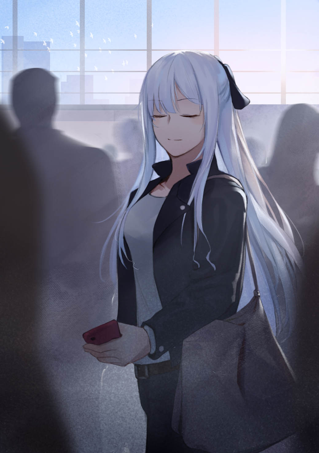 1girl ak-12_(girls_frontline) bag bangs black_jacket braid breasts casual cellphone closed_eyes eyebrows_visible_through_hair facing_viewer french_braid girls_frontline highres holding holding_phone ina_(inadiary) indoors jacket long_hair long_sleeves multiple_others phone ribbon shirt shoulder_bag sidelocks silver_hair smartphone smile very_long_hair white_shirt