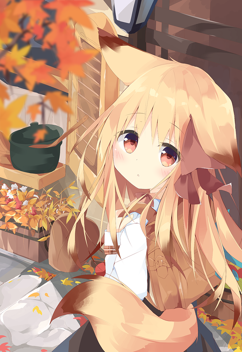 1girl :o animal_ears autumn_leaves backpack bag blonde_hair blue_skirt blurry blurry_foreground blush bow brown_bow brown_hair commentary_request depth_of_field fox_ears fox_girl fox_tail gradient_hair hair_bow hands_up highres kushida_you long_hair long_sleeves looking_at_viewer looking_to_the_side multicolored_hair original parted_lips pot red_eyes shirt skirt solo tail very_long_hair wall_lamp white_shirt windowsill