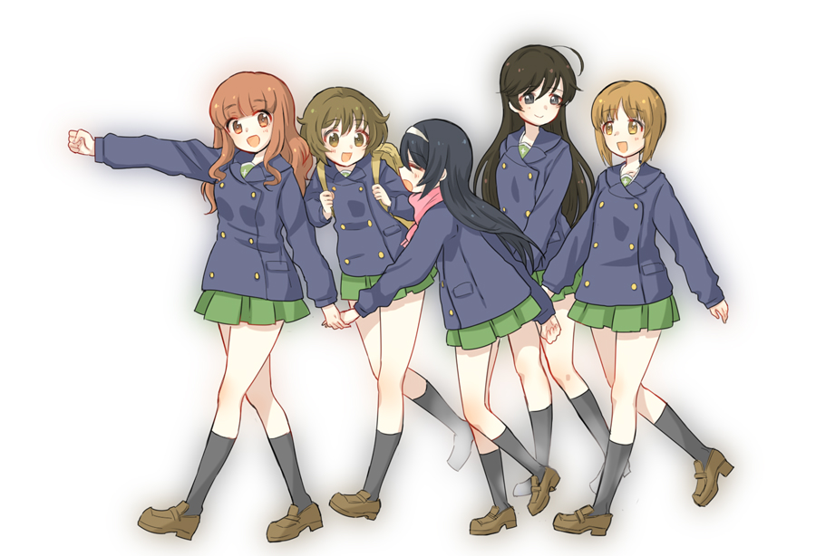 5girls :d ahoge akiyama_yukari alternate_legwear backpack bag bangs black_eyes black_hair black_legwear blue_coat blunt_bangs brown_eyes brown_footwear brown_hair commentary eyebrows_visible_through_hair girls_und_panzer green_skirt hairband isuzu_hana kumasawa_(dkdkr) light_blush loafers long_hair long_sleeves looking_at_another looking_back messy_hair miniskirt multiple_girls nishizumi_miho ooarai_school_uniform open_mouth orange_eyes orange_hair pleated_skirt reizei_mako school_uniform shoes short_hair skirt smile socks standing takebe_saori walking white_hairband winter_uniform