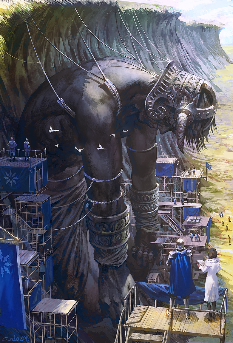 1girl animal armor bird blue_cape book cape commentary_request day facing_away flock giant helmet high_heels holding holding_book labcoat multiple_others noba open_book outdoors pixiv_fantasia pixiv_fantasia_last_saga restrained scaffolding standing sunlight wide_shot