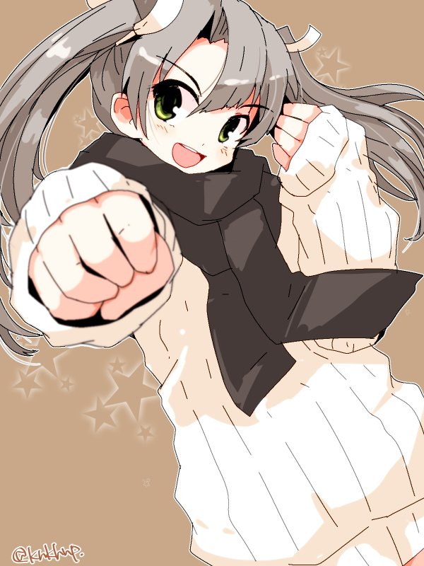 1girl beige_sweater brown_background brown_scarf clenched_hand commentary_request foreshortening green_eyes grey_hair kanoe_soushi kantai_collection long_hair open_mouth ribbed_sweater round_teeth scarf smile solo star starry_background sweater teeth twintails twitter_username upper_body upper_teeth zuikaku_(kantai_collection)